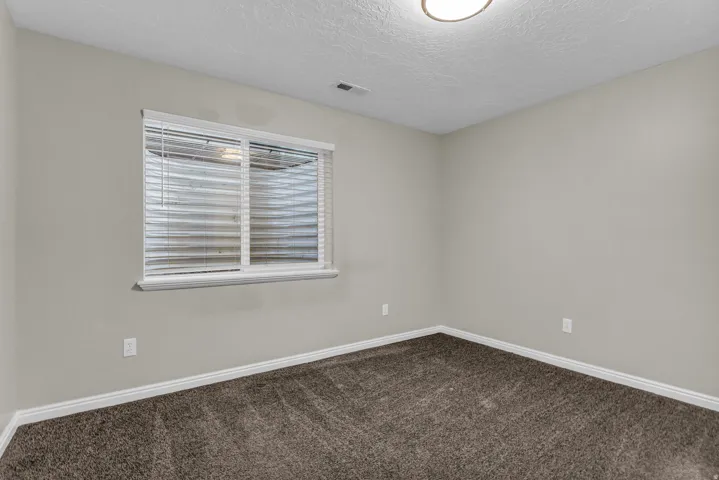 Neutral-toned room featuring a single window with blinds, light gray walls, dark brown carpet, white baseboards, and a flush-mount ceiling light