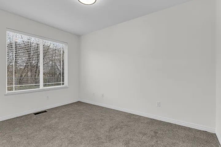 Bright room with a large window, soft gray carpet, white baseboards, and a flush-mount ceiling light fixture