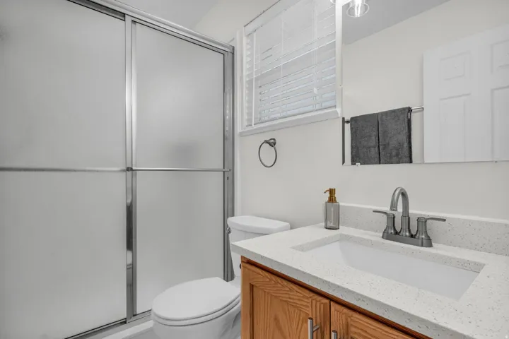 Bathroom featuring a white toilet, frosted glass shower enclosure, and a vanity with a light wood-finish cabinet and a white speckled countertop with an integrated sink
