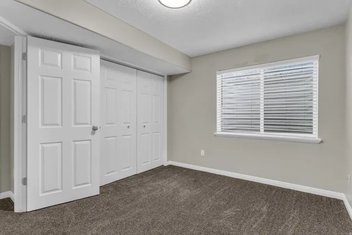 Carpeted room featuring a wide window with blinds, bi-fold closet doors, a white paneled door, and neutral wall paint