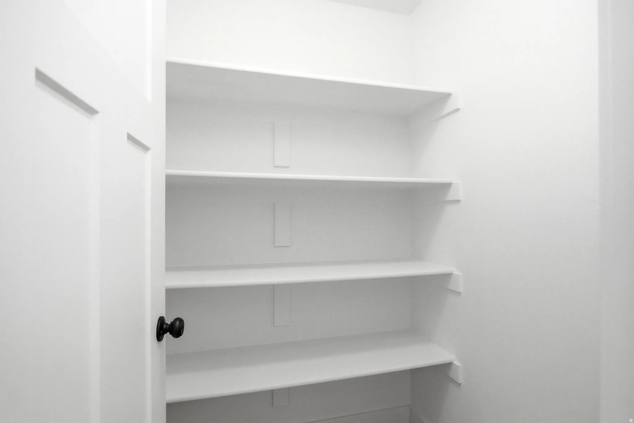 Interior pantry featuring four built-in white shelves, white walls, and a white panel door with a black knob