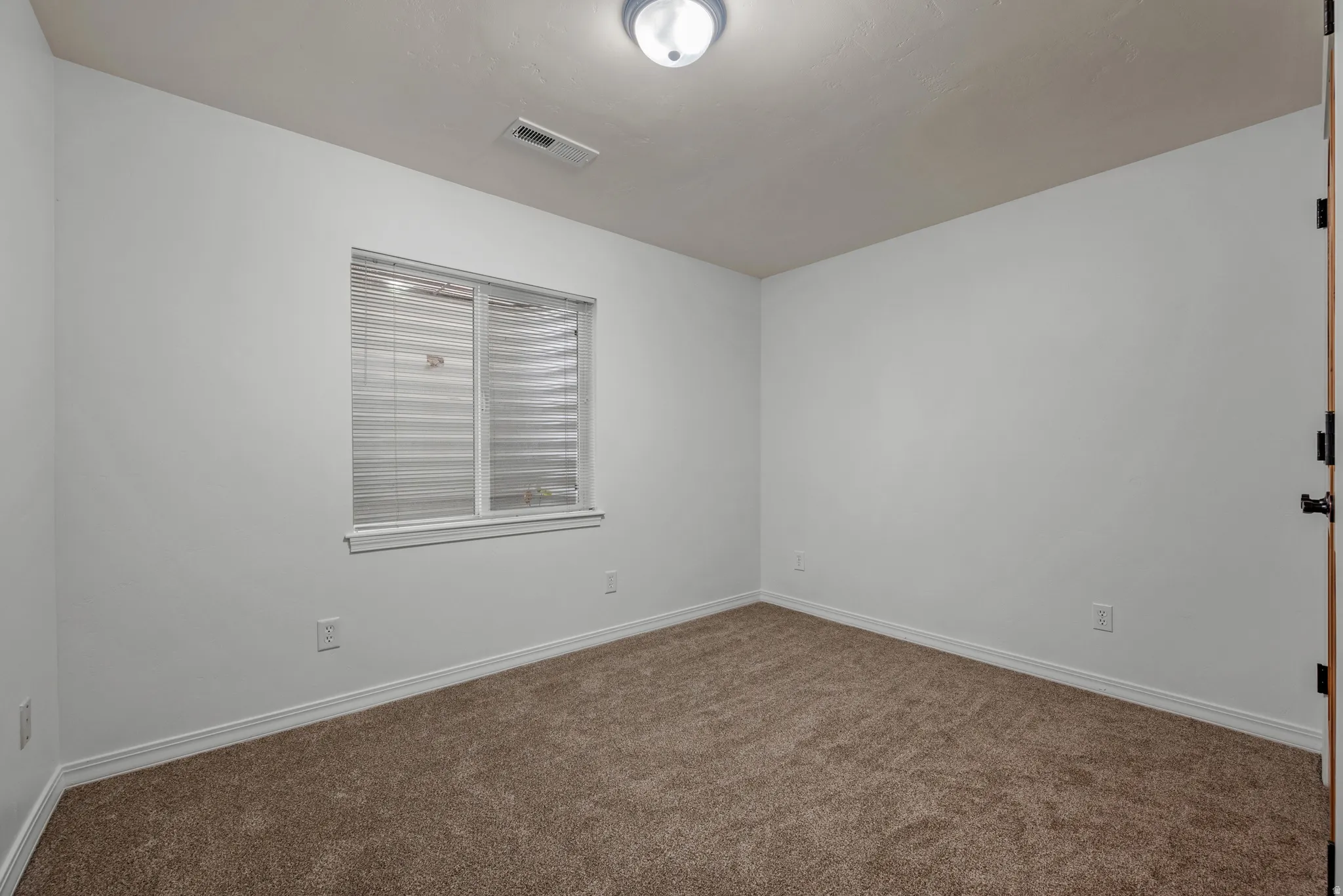 Neutral-toned carpet flooring and white baseboards