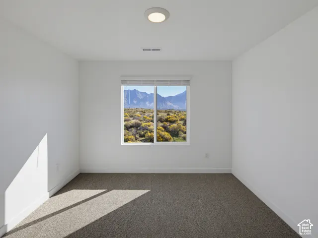 White interior walls with neutral carpeting, a single window featuring horizontal blinds, and a flush-mount ceiling light fixture