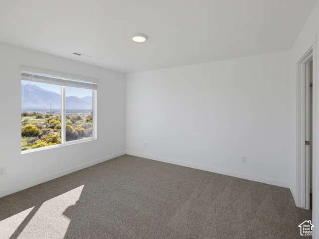 Recessed ceiling lighting, wall-to-wall carpeting, and a window with mountain scenery