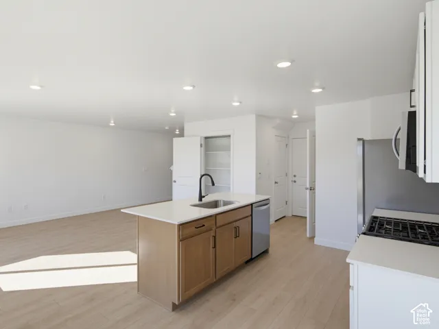 Kitchen island with integrated sink and dishwasher, light wood-finish flooring, recessed lighting, and stainless steel appliances