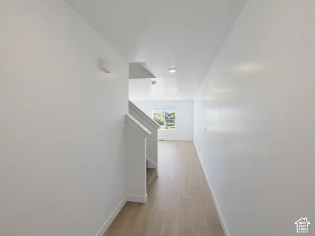 Wood-finish flooring extending through the hallway