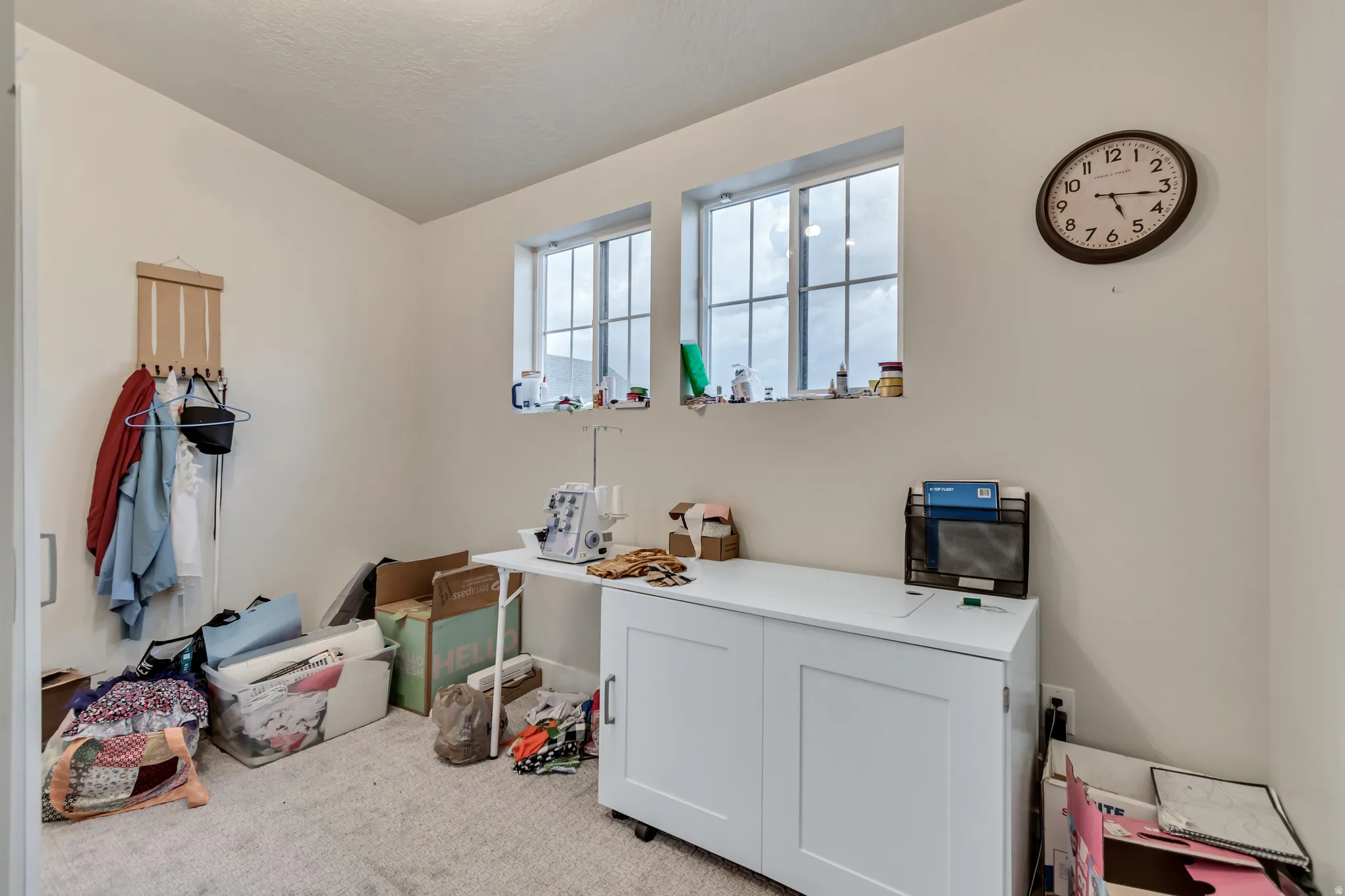 Neutral wall paint, two paneled windows, and light-toned carpet flooring define this room