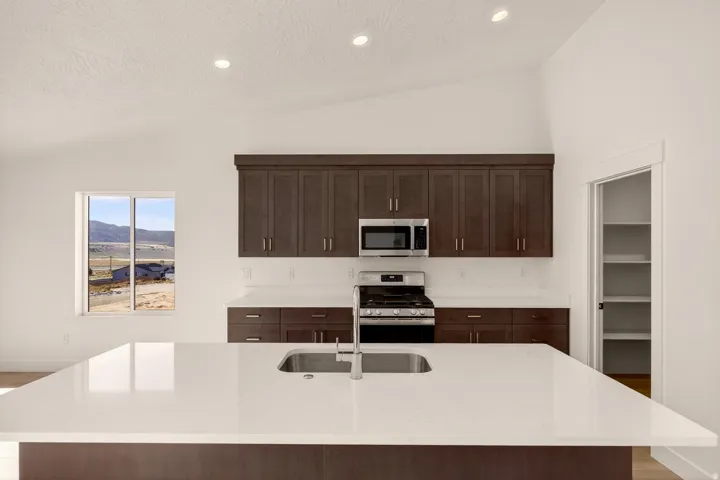 Spacious kitchen featuring a large island with an undermount sink, dark wood-finish cabinetry, stainless steel appliances, and vaulted ceilings with recessed lighting