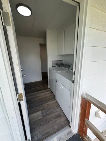 Dedicated laundry area featuring wood-finish flooring, white cabinetry, and a ceiling-mounted light fixture