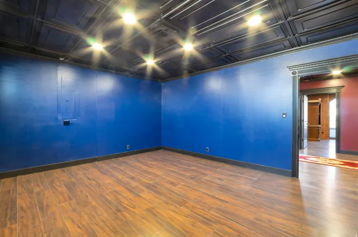 Room featuring a dark blue pressed tin ceiling with recessed lighting
