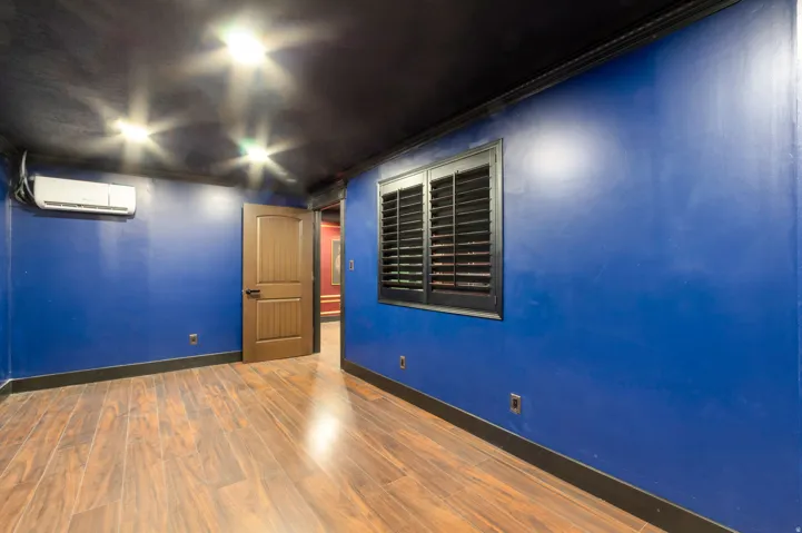 Room featuring wood-finish flooring and a vibrant blue wall color