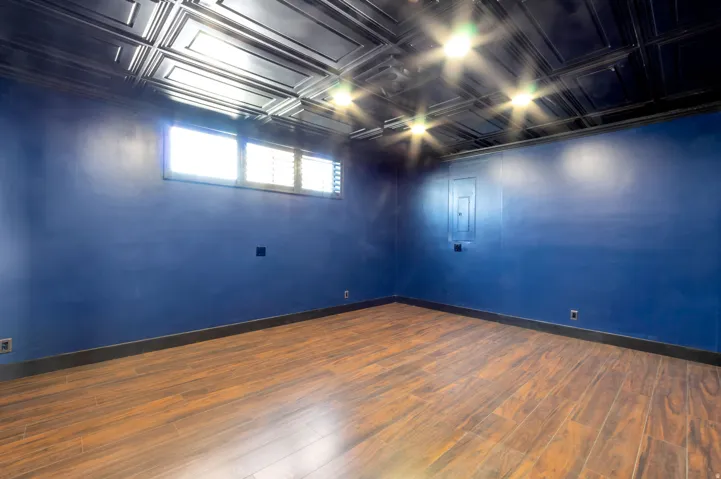Room featuring wood-finish flooring, a black-paneled ceiling, and recessed lighting