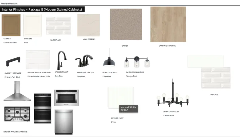 Interior Finishes - Package E (Modern Stained Cabinets). Illustrating material and fixture selections for the property