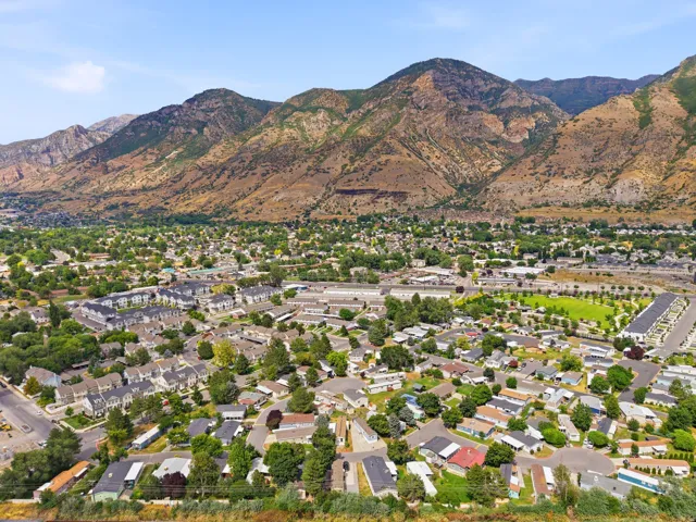 Aerial perspective showcasing an expansive residential area with varied housing types, surrounded by mature trees