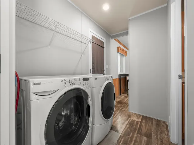 Dedicated laundry area featuring wood-finish flooring and light gray walls