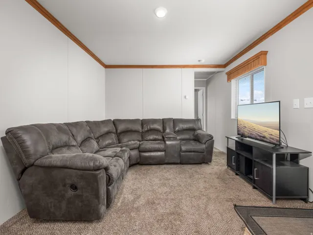 Carpeted living area featuring white paneled walls and wood-finish trim