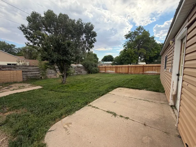 Expansive backyard featuring a grassy lawn, mature trees, and a concrete patio area