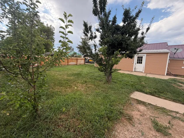 Expansive rear yard featuring green space, mature trees, a wood privacy fence, and concrete pathways