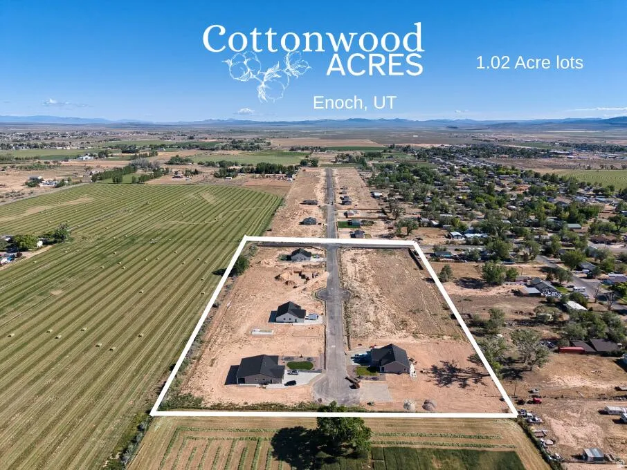 Aerial view showcasing a residential development with several completed homes and undeveloped plots