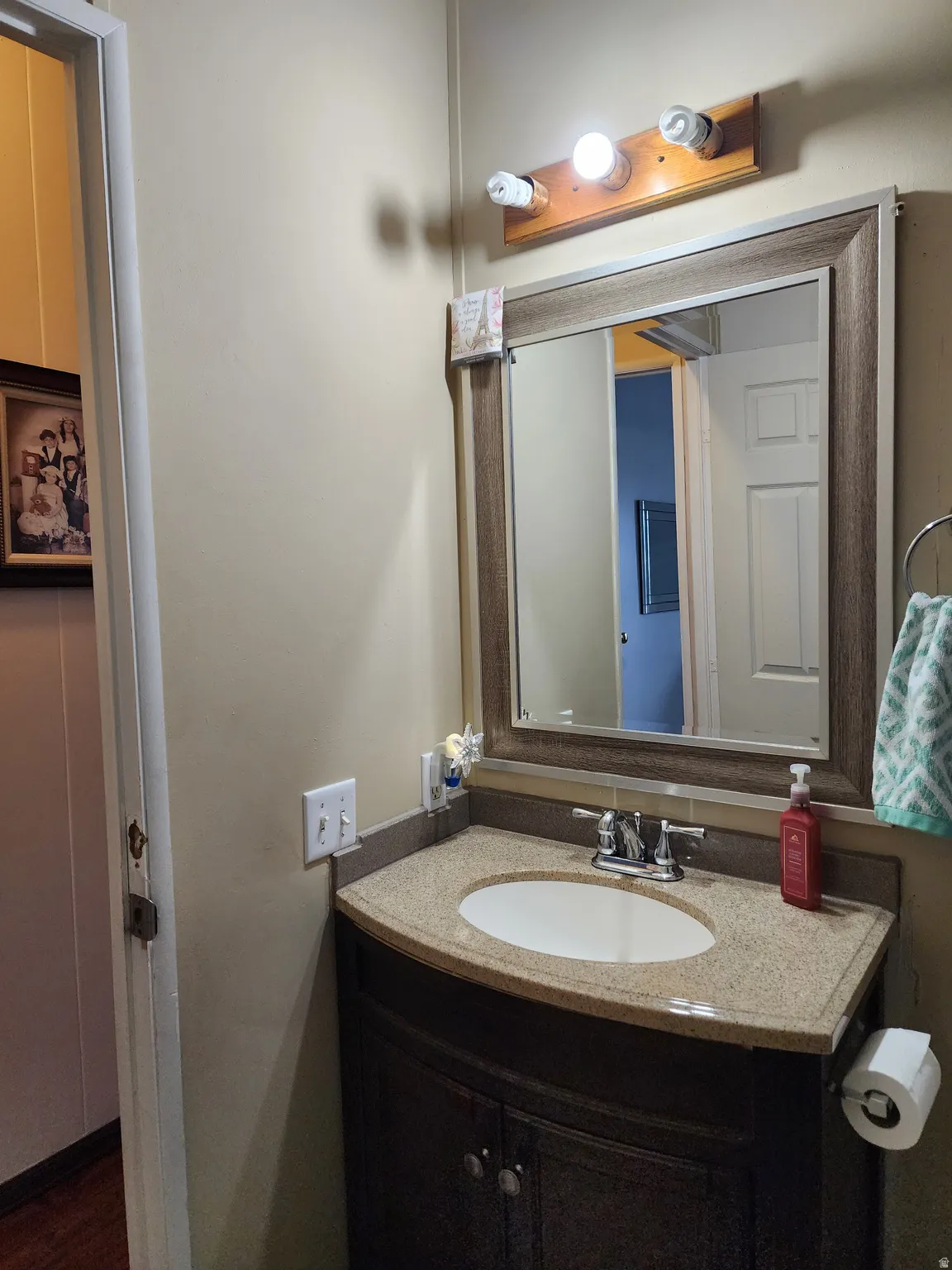 Bathroom vanity featuring an integrated oval sink, granite-style countertop, and a dark wood-finish cabinet with double doors
