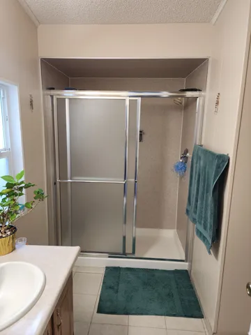 Walk-in shower with frosted glass enclosure and chrome hardware