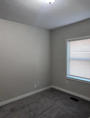 Neutral-toned room featuring a single window with blinds, ceiling-mounted light fixture, and gray carpeting