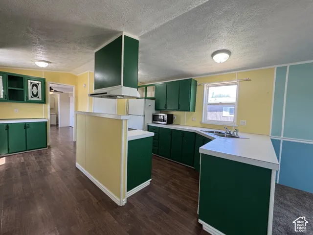 Kitchen featuring wood-finish flooring, green cabinetry, white countertops, and a built-in range hood