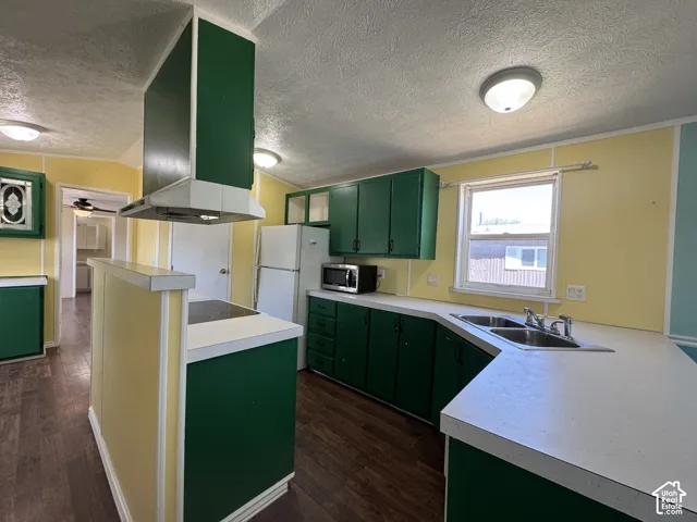 Kitchen featuring wood-finish flooring, green cabinetry, a double basin stainless steel sink, and light-colored countertops