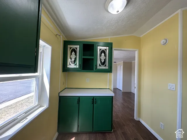 Kitchenette featuring green cabinetry with decorative glass inserts, white countertops, and wood-finish flooring