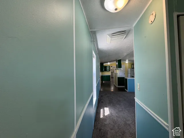 Carpeted hallway with light blue and teal wall paneling, leading into a kitchen with green cabinetry and white appliances
