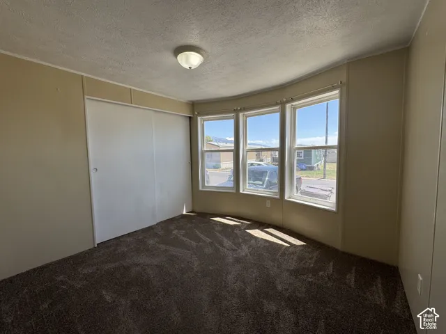 Room featuring three bay windows, wall-to-wall carpeting, light neutral wall paneling, and a flush mount ceiling light fixture
