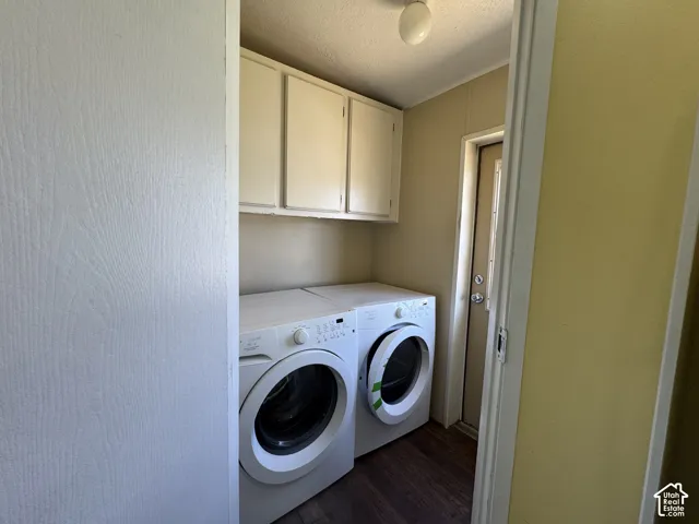 Laundry area featuring wood-finish flooring and upper cabinetry