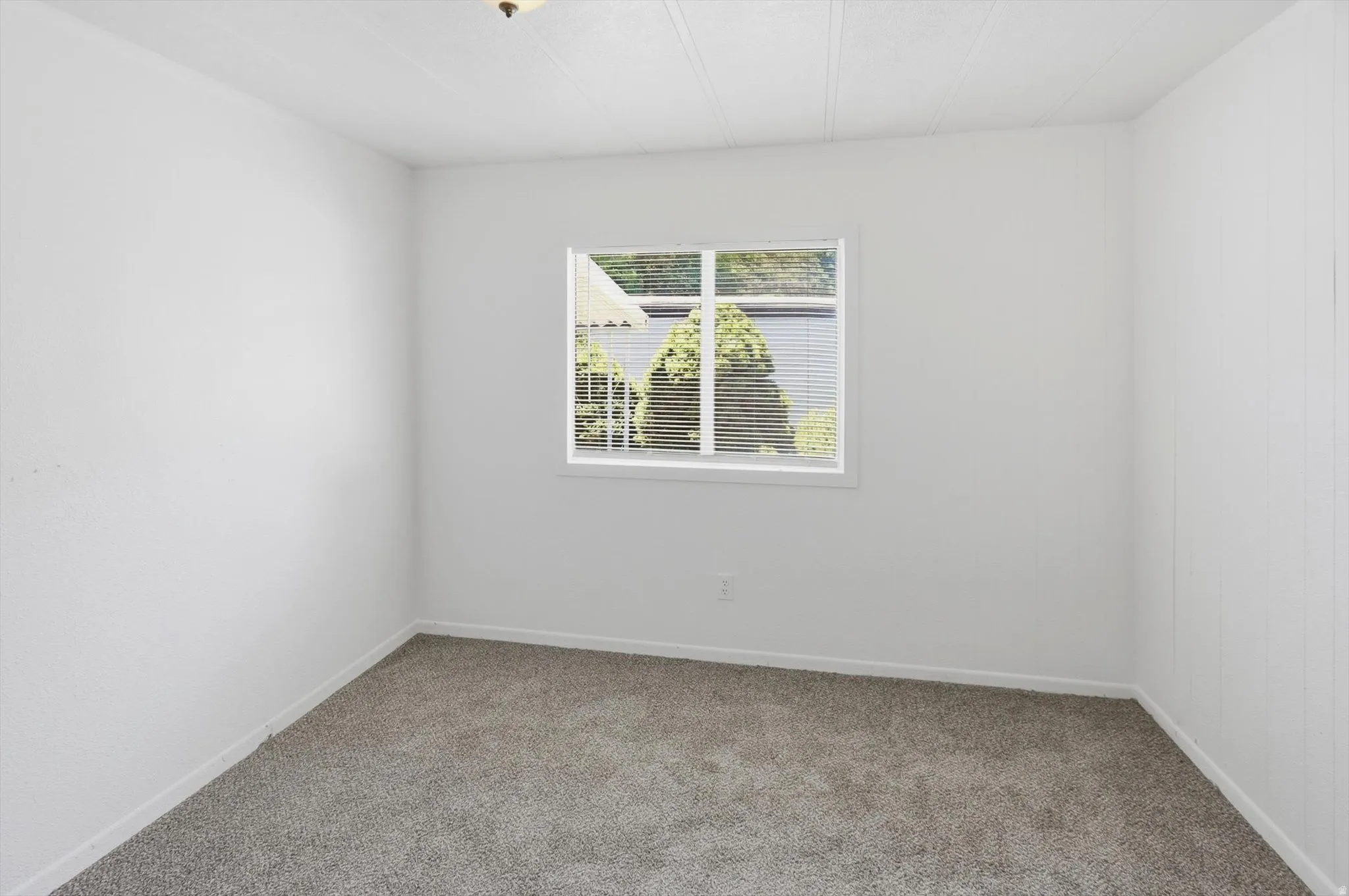 Room featuring neutral-toned carpeting, white painted walls, and a single window with horizontal blinds
