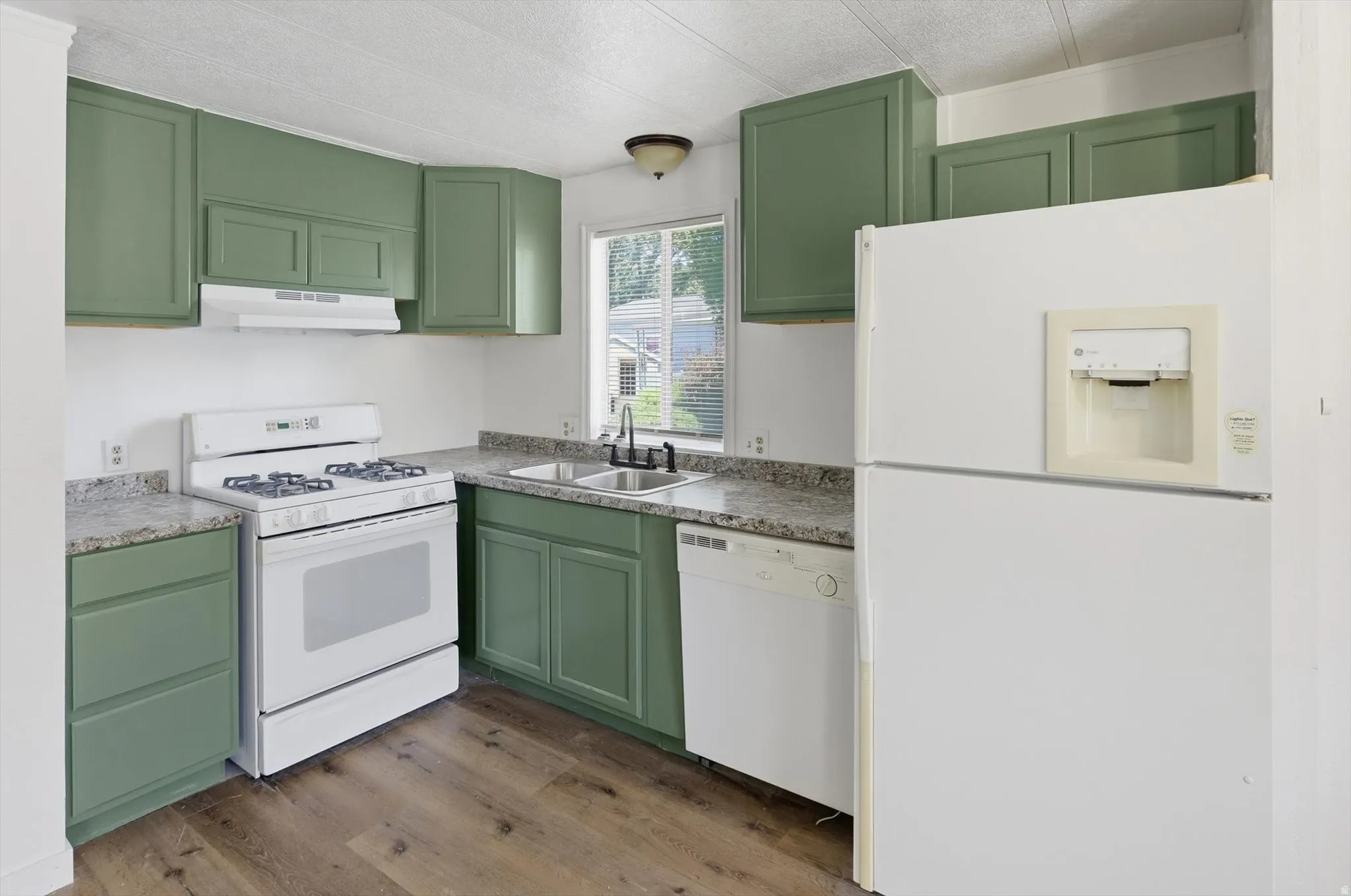 Kitchen featuring green cabinetry, wood-finish flooring, white appliances, a double basin sink, and ample countertop space