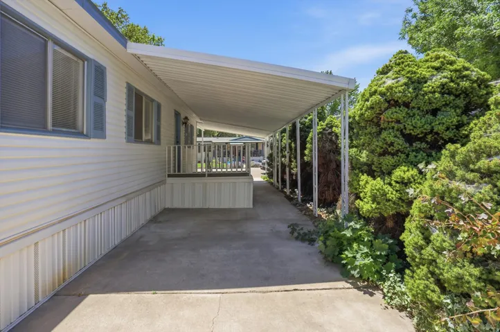 Covered walkway with a concrete surface, white siding, blue window shutters, and established green shrubbery