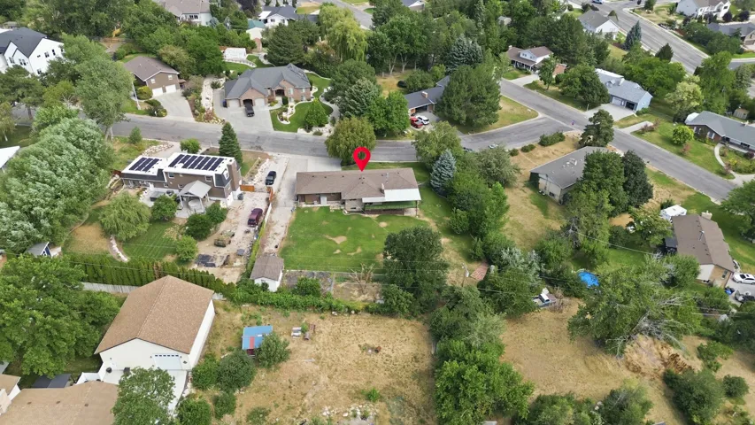 Ranch-style residence featuring a brown shingle roof, a generously sized backyard, and mature perimeter trees