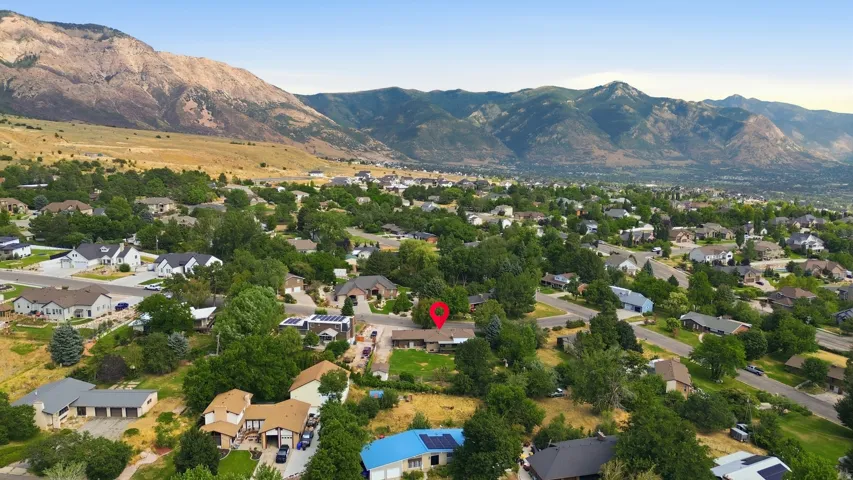 Aerial perspective showcasing a residential neighborhood with varied housing styles