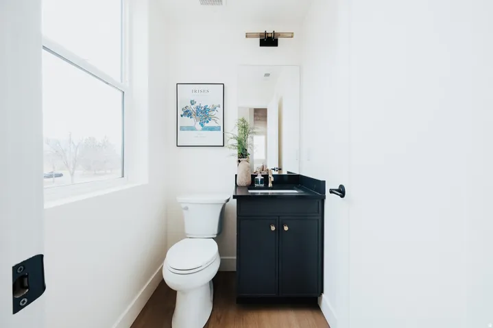 Bathroom featuring a dark wood-finish vanity with a dark countertop and a single basin sink