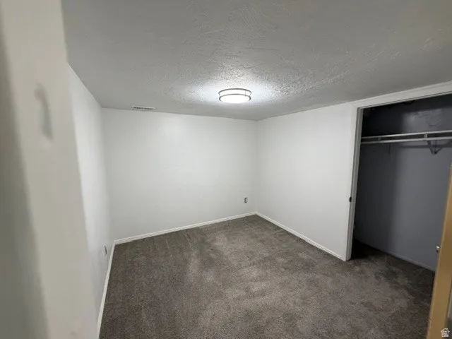 Recessed lighting fixture, plush carpet flooring, white painted walls, and built-in closet with shelving