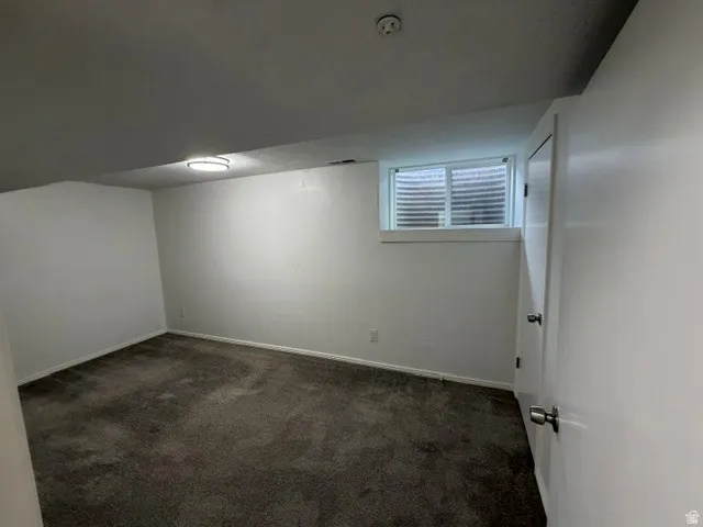 Neutral wall paint, window with horizontal blinds, flush-mount ceiling light, and wall-to-wall carpeting