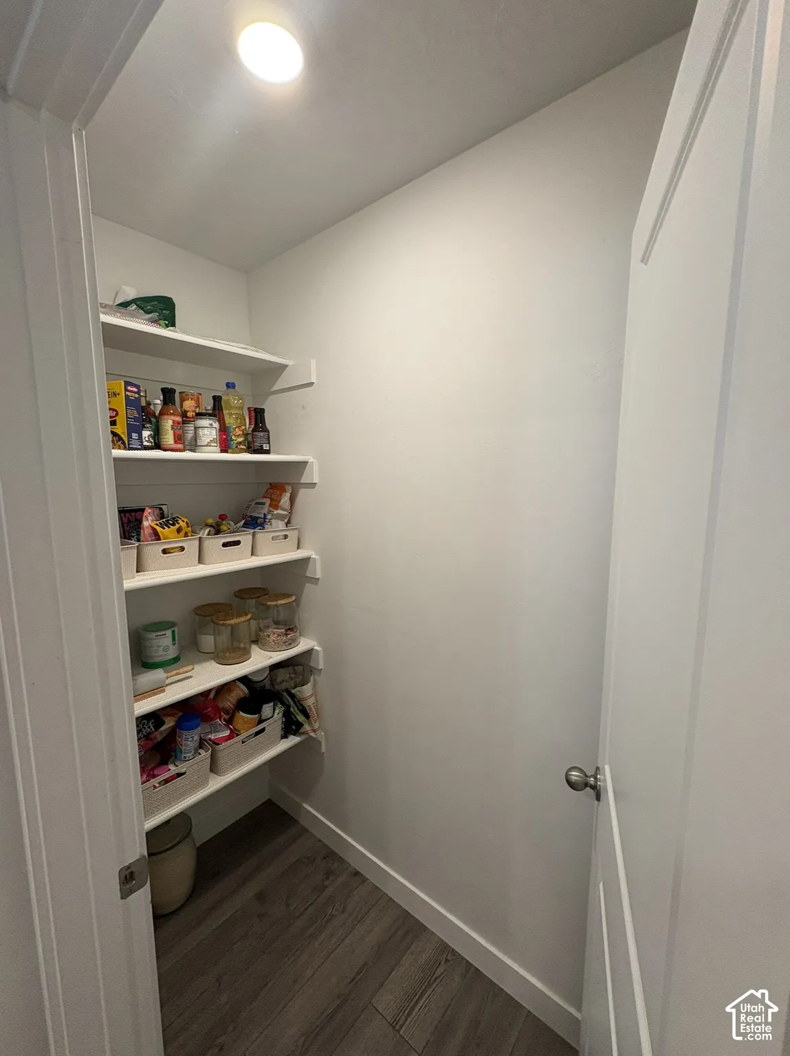 Pantry featuring wood-finish flooring, recessed lighting, and built-in shelving