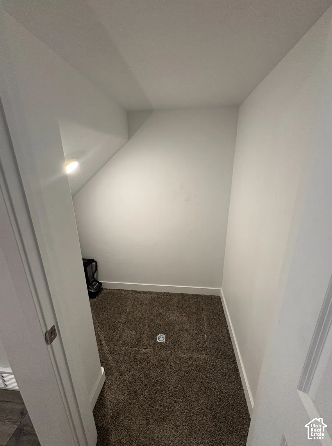 Carpeted under-stair storage area featuring white painted walls and baseboards
