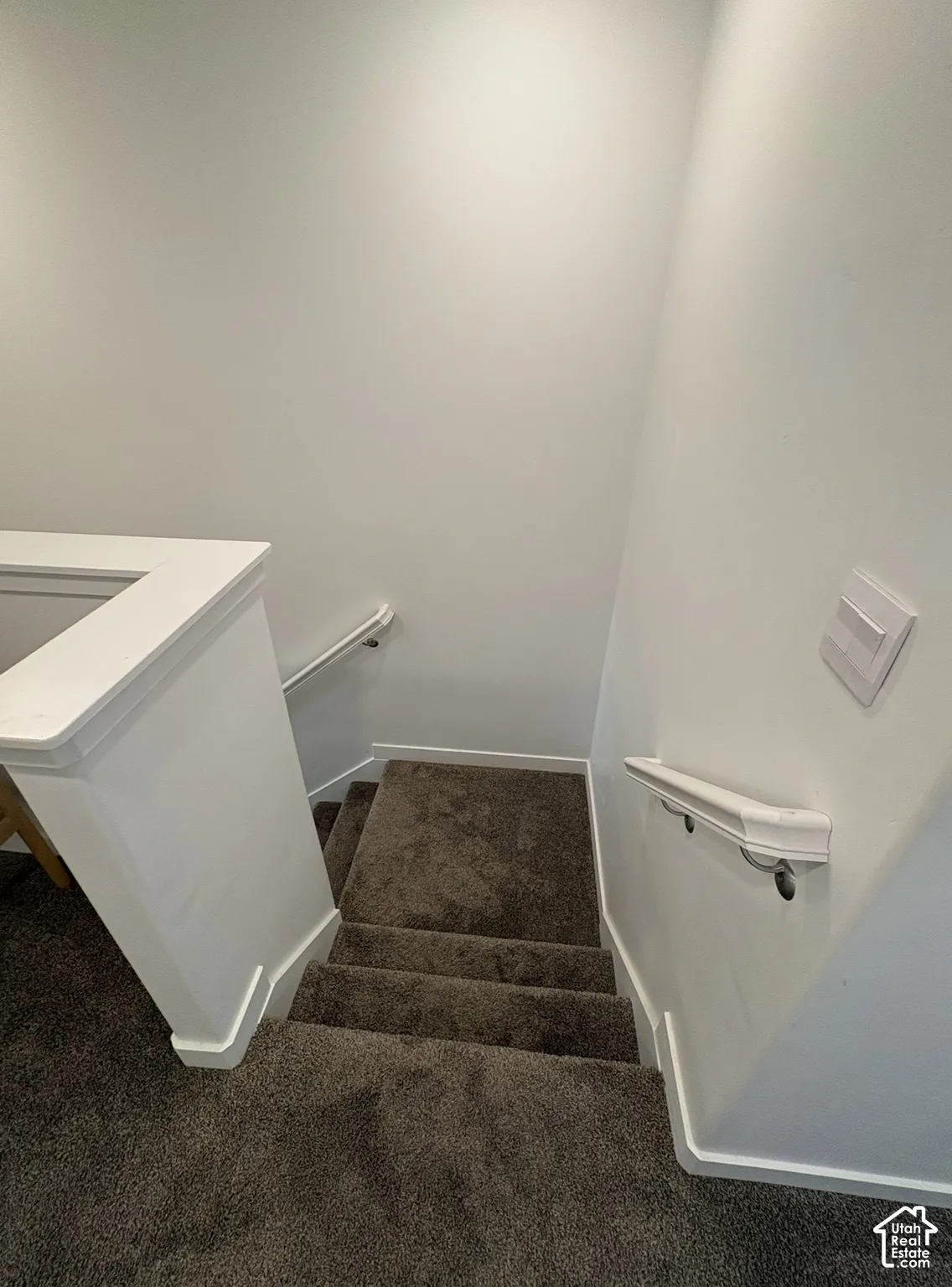 Carpeted staircase featuring white handrails and a matching white half-wall railing