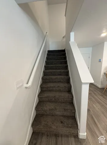 Carpeted staircase with white balustrade and handrail