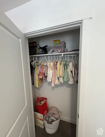 Recessed closet with a single hanging rod, upper shelving, and neutral carpeting