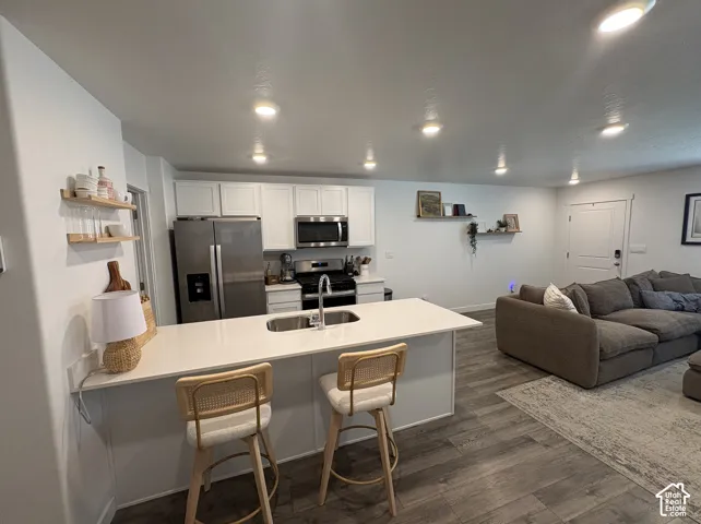 Kitchen featuring white shaker cabinetry, stainless steel appliances, and a central island with an undermount sink