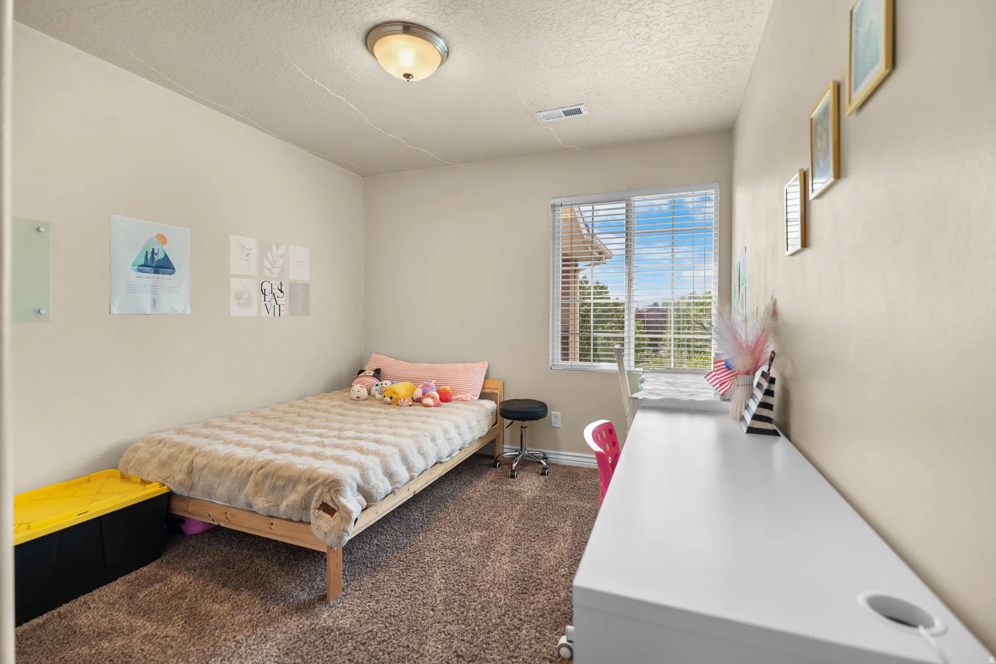 Neutral-toned walls complement the textured carpet flooring