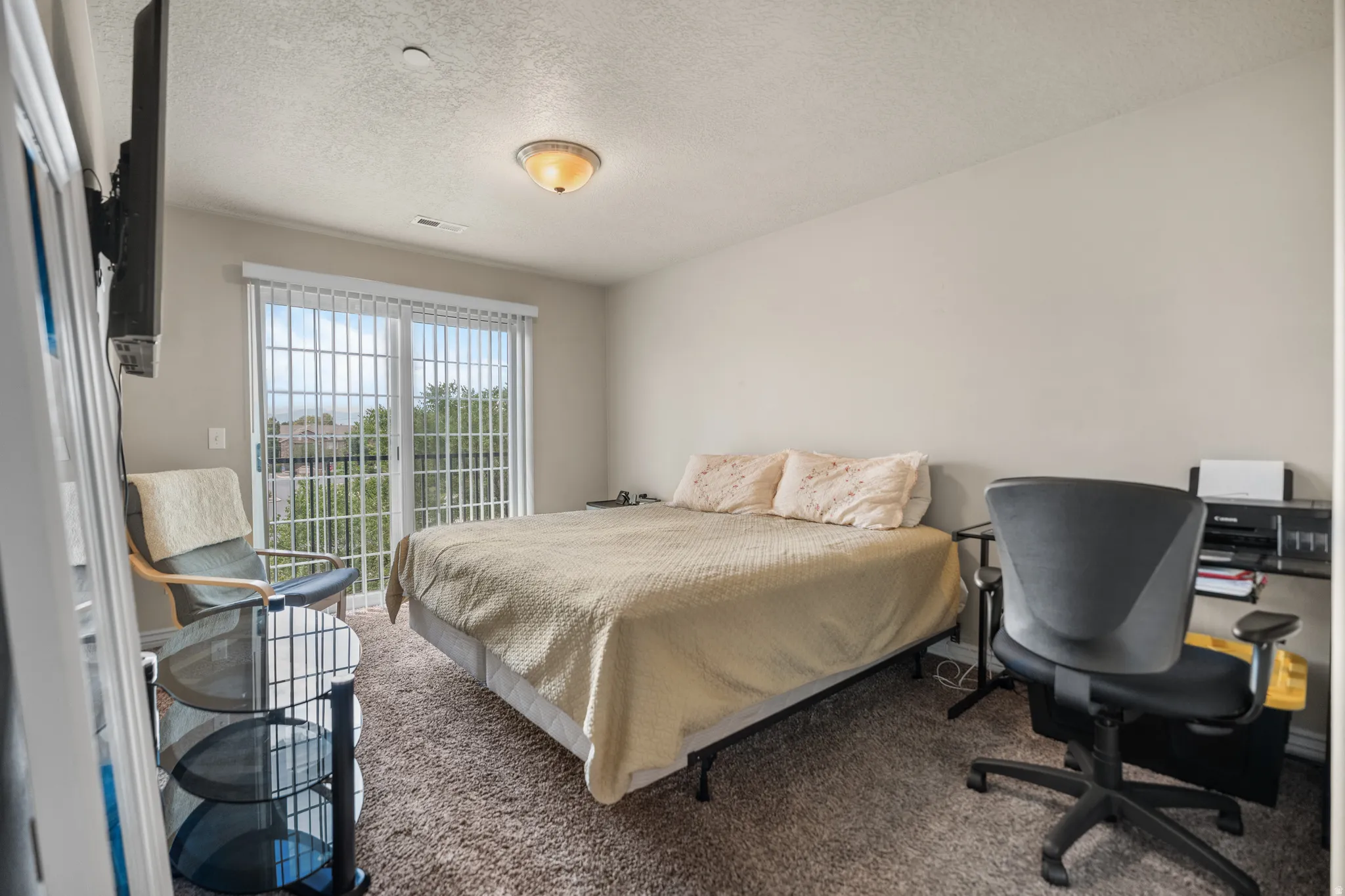 Carpeted room featuring a ceiling-mounted light fixture, light-toned walls, and a sliding glass door with vertical blinds