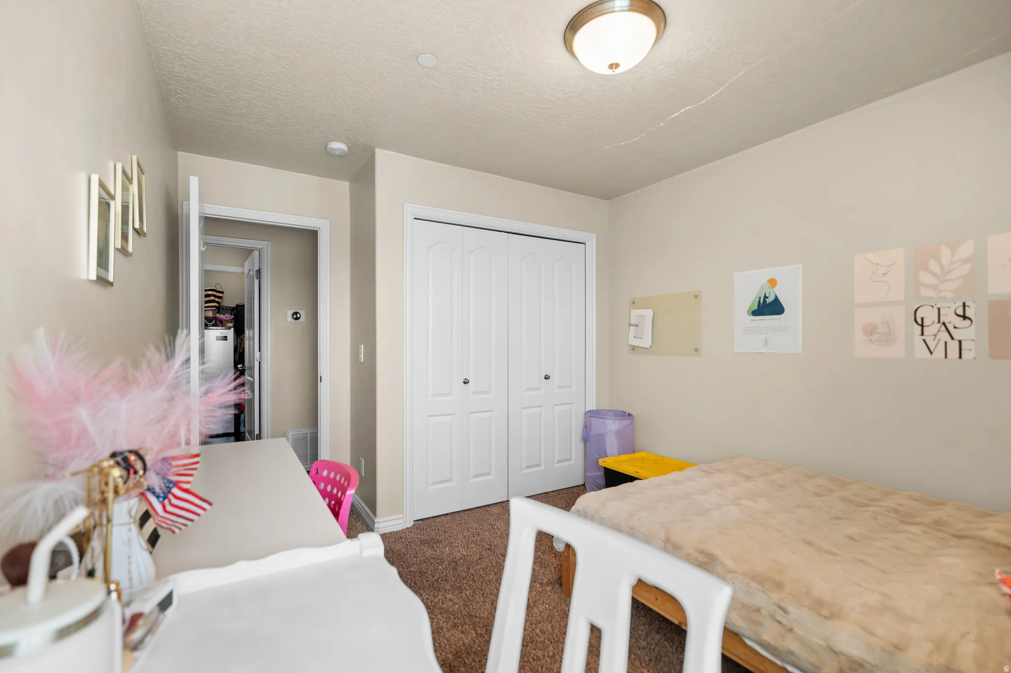 Neutral toned walls featuring a flush mount ceiling light and textured carpeting
