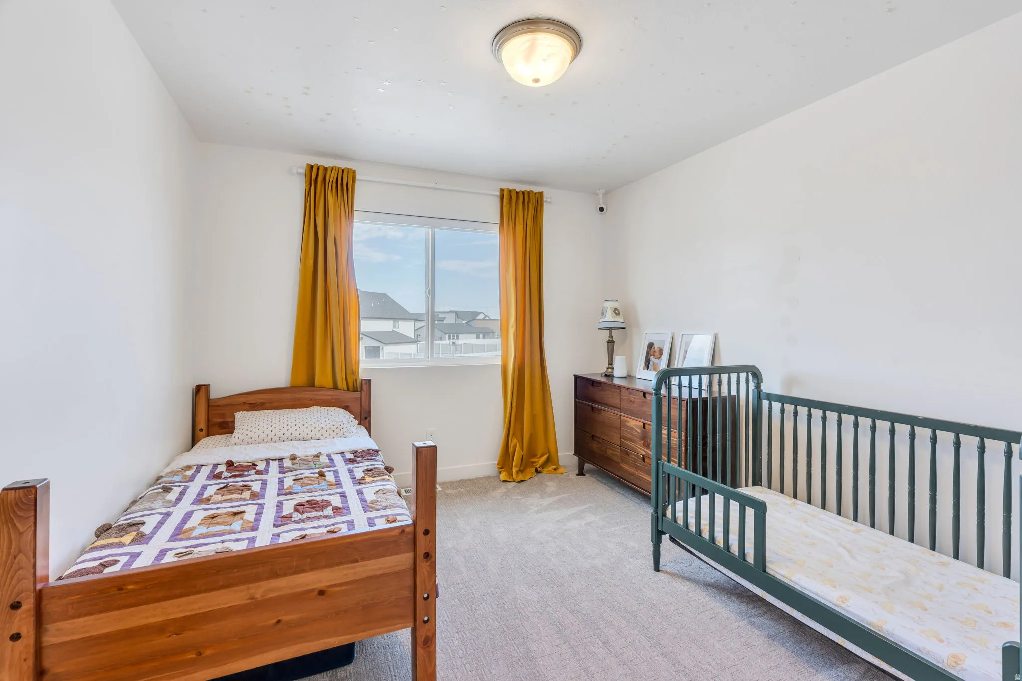 Carpeted room with a double-pane window and a flush-mount ceiling light fixture